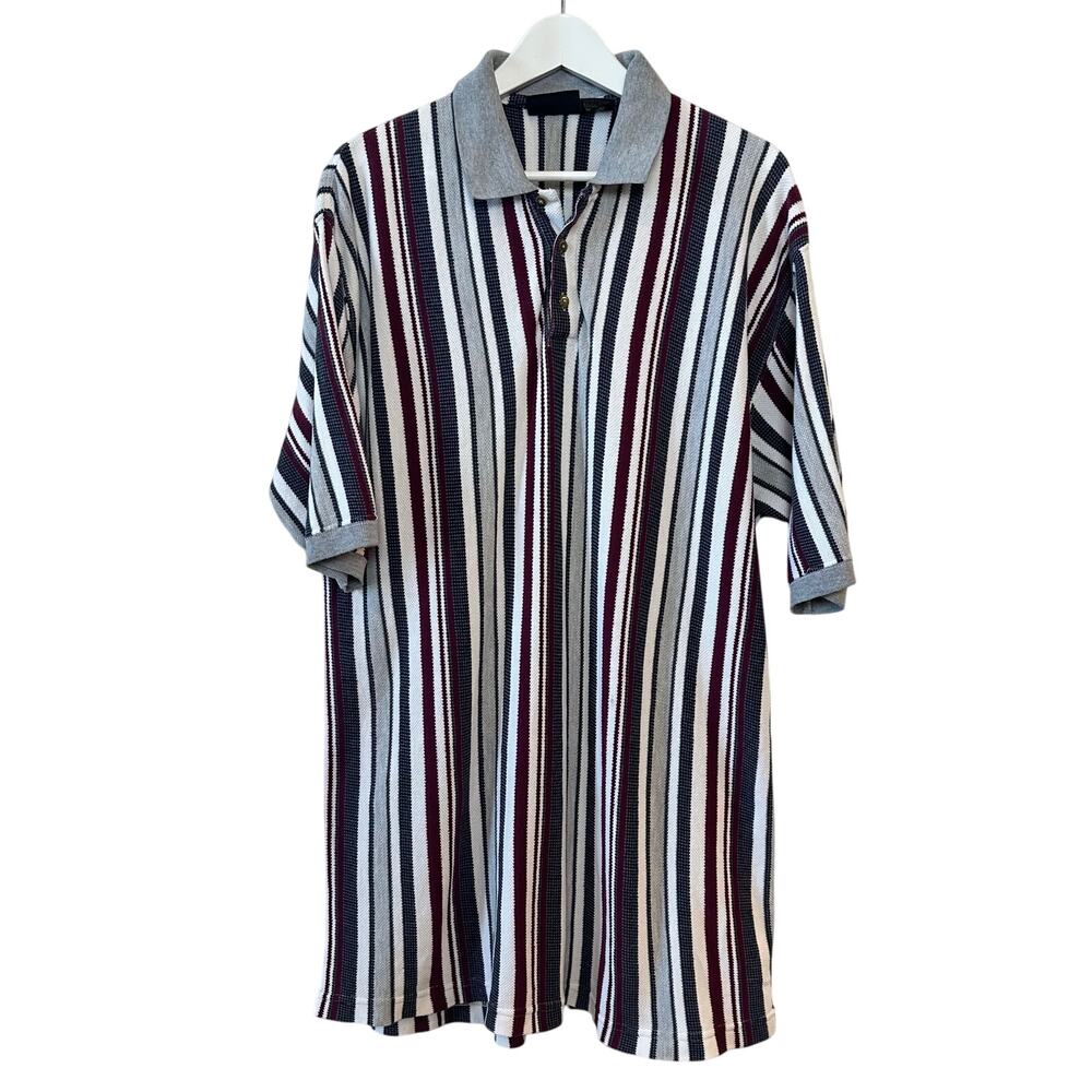 Vintage 90s Jantzen Golf Polo Shirt Short Sleeve Striped Maroon Grey Cotton XL